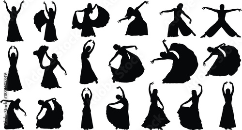 Flamenco dancer silhouette collection, female traditional dance poses, elegant Spanish cultural movement isolated on white background illustration vector set art