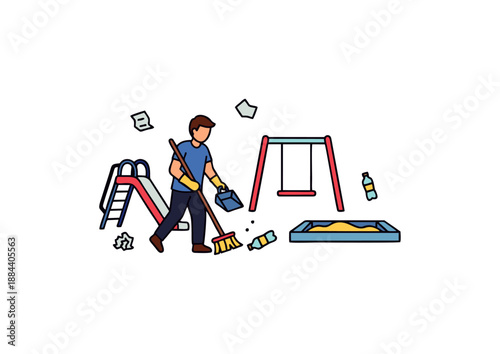 A responsible individual is diligently cleaning up a cluttered playground, sweeping away trash and debris to maintain a safe and tidy environment for children to play