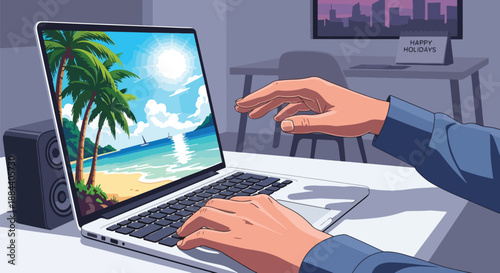 Man's hands typing on a laptop displaying a tropical beach scene, symbolizing vacation planning or remote work
