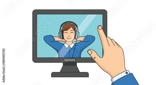 Hand Touching Screen Showing Person Wearing Headphones Enjoying Music or Video Content