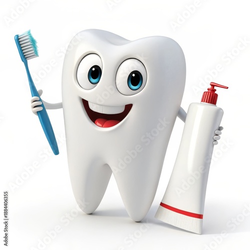 Playful 3D Tooth with Brush and Paste – Universal Dental Care Illustration for Kids and Families