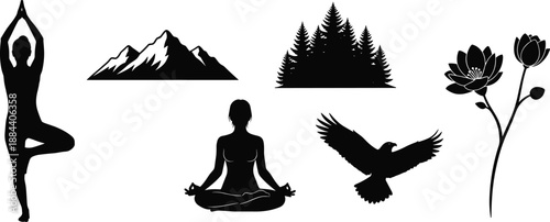Black silhouettes of yoga poses, meditation, mountain range, forest trees, bird in flight, flowering plant, wellness nature illustration