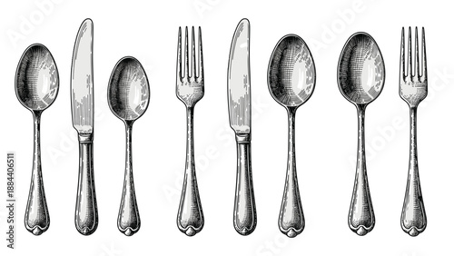 Detailed vintage style sketches of various silverware including spoons, forks, and knives arranged in a row for elegant dining concepts.