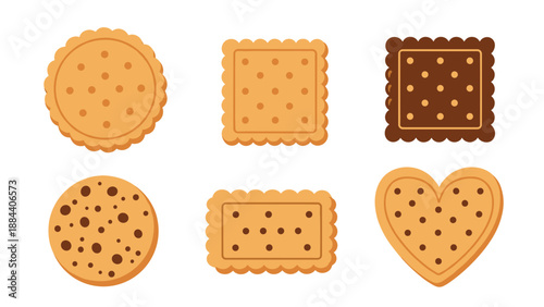Assortment of delicious cookies and biscuits in various shapes including round, square, heart-shaped, and chocolate chip cookie varieties.
