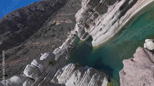 Aerial view of a stunning canyon on Socotra Island, Yemen, highlighting the island's unique geological formations and pristine natural beauty