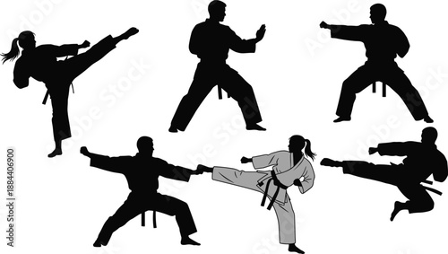 Karate martial arts silhouette set showing fighters performing kicks and punches in dynamic combat poses isolated on white background for training, sport, defense design use