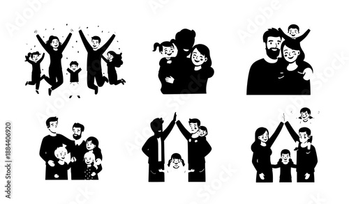 Positive families rejoicing together flat vector illustration set