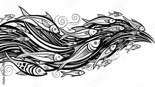 Fototapeta School of fish swimming in stylized ocean waves.