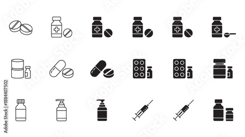 Medical icons set including pills bottles and syringes on transparent background silhouette