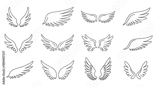 Set of different styles of bird and angel wings drawn in simple black and white line art for logo or graphic design elements.