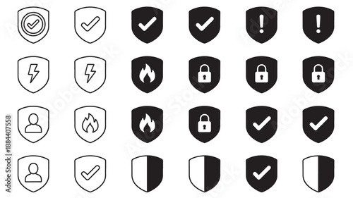 Collection of black linear icons with checkmarks locks and warnings on transparent background silhouette