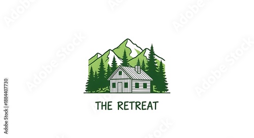 Wood cabin nestled among evergreen trees with mountains behind.