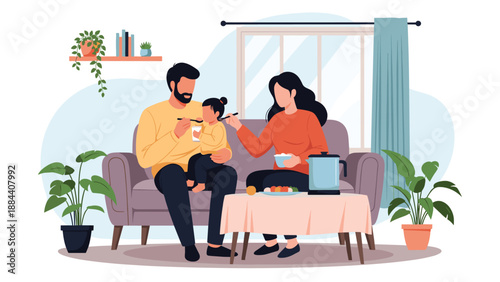 Young family consisting of a father mother and young daughter sitting on a sofa in their living room and sharing a meal together.