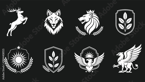 Set of white heraldic emblems and logos featuring powerful animals like lions wolves eagles and deer on a dark black background.