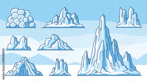 Collection of blue and white iceberg illustrations in various shapes and sizes floating in a cold arctic environment for design.