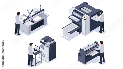 Isometric illustration of professional printers and operators working with large scale printing machines and paper cutters in a shop.