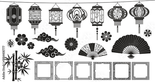 Black and white collection of traditional Asian decorative including lanterns bamboo fans and floral motifs