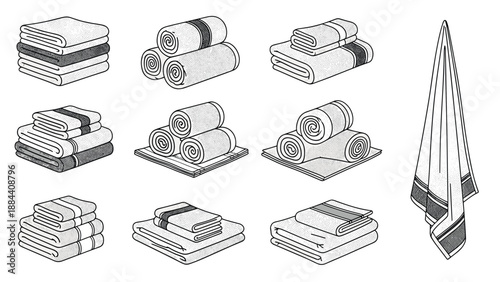 Collection of folded and rolled bathroom towels in various styles shown as detailed black and white sketch illustrations.