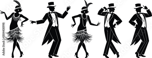 Black and white of 1920s dancers in various poses vintage