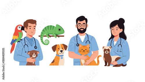 Team of friendly veterinarians in medical scrubs holding and caring for various pets like dogs, cats, and exotic animals.