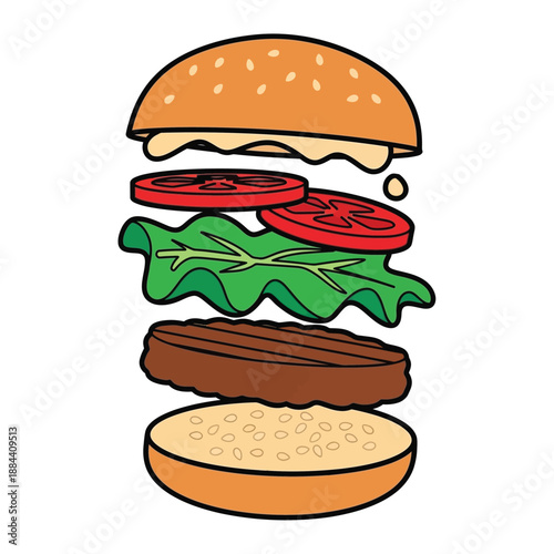 Exploded View of a Delicious Burger with Separated Layers of Ingredients