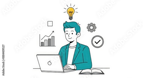 Creative Professional Working on Laptop with Elements of Innovation and Progress