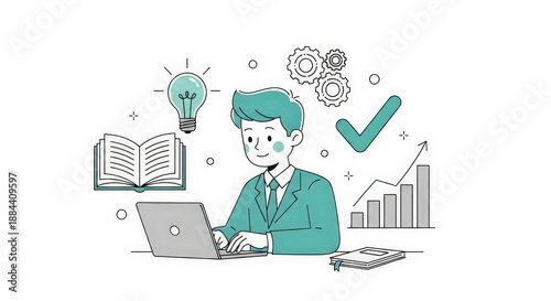 Businessman Working on Laptop with Light Bulb and Graph Elements in Office Setting