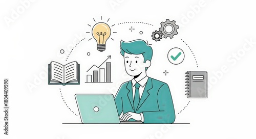 Happy businessman sits at desk with laptop, books, graphs, light bulb, gears