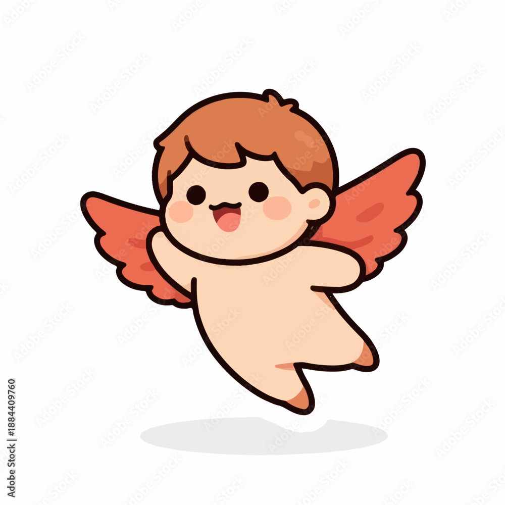 Obraz premium A cute cartoon cherub with red wings and a happy expression flies through the air.