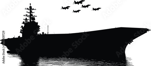 Black silhouette of aircraft carrier with fighter jets flying overhead water