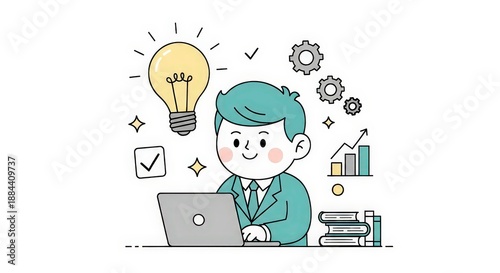 Young Professional Working on Laptop with Light Bulb and Charts in Background