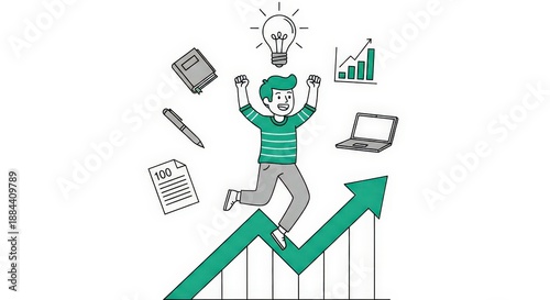 Happy Young Person Celebrating Success with Growth Metrics and Creative Ideas