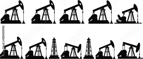 Black silhouettes of oil pump jacks and drilling rigs on a white background oil pump jack silhouette