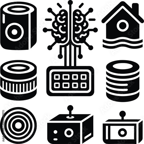 Artificial intelligence and robotics technology icon set featuring neural network brain, data storage, smart home automation, and robotic machinery.