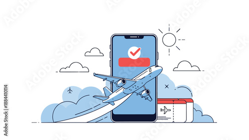 Online flight booking concept with an airplane flying through a smartphone screen over a background of clouds.