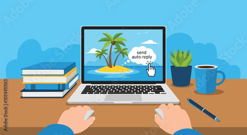 Person setting up an auto-reply message on a laptop for a tropical island vacation, working remotely from a home office desk with books and coffee.