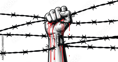 Bleeding fist clenched through barbed wire fence on white background hand clenched fist