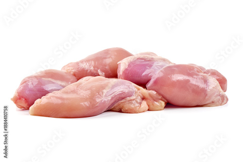 Pile of raw, skinless chicken thighs with a pink hue, isolated on white background for recipe illustrations.