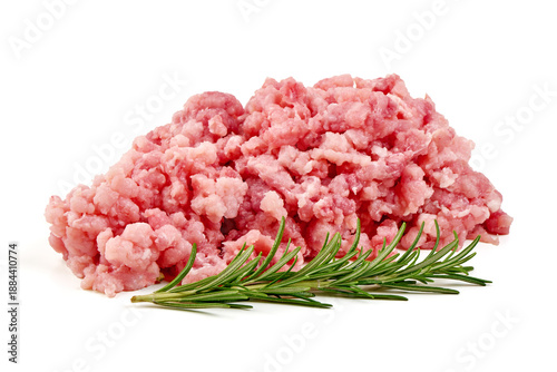 Fresh, raw ground pork with vibrant rosemary sprig, isolated on white background.