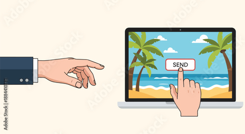 Man's hand in suit pressing 'SEND' button on laptop displaying tropical beach with palm trees and ocean waves