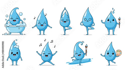 Set of cute water drop characters performing various activities like bathing, singing, painting, and doing yoga in a cartoon style.