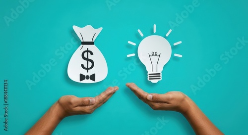 Financial Growth Concept with Money Bag and Light Bulb on Blue Background