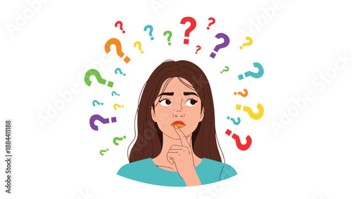 Young woman looking confused and thoughtful with numerous colorful question marks floating around her head against a white background.