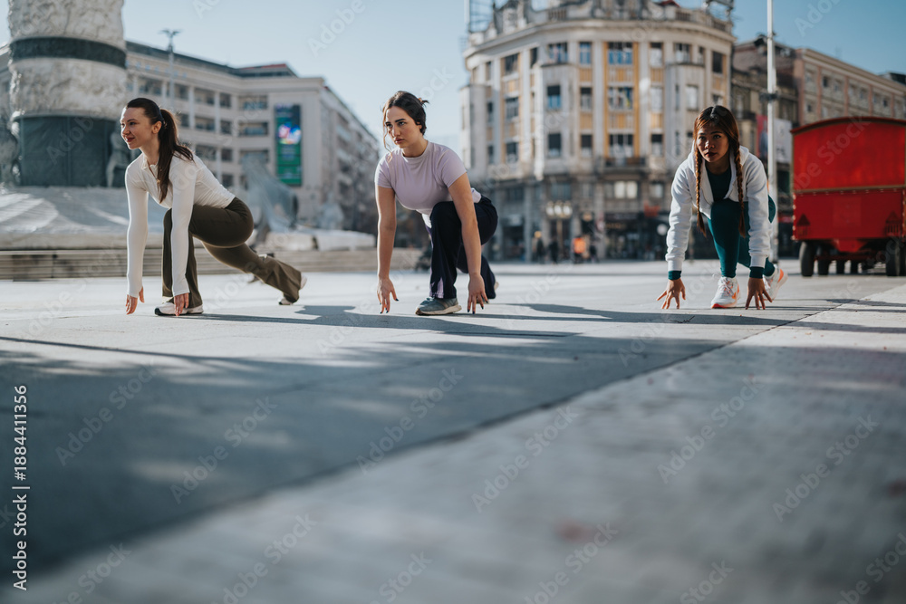 Obraz premium Three women in athletic wear crouch in a starting pose on a city plaza. The urban scene captures a dynamic fitness moment outdoors.