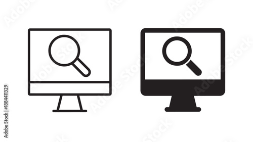 Two computer monitors displaying magnifying glasses black and white on transparent background silhouette
