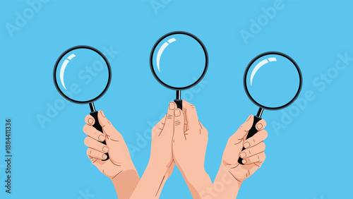 Three hands holding magnifying glasses against a bright blue background symbolizing search, research, and detailed investigation.