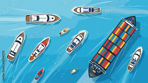 Top down aerial view of many diverse ships including a large container ship, yachts, and small boats navigating through blue sea water.
