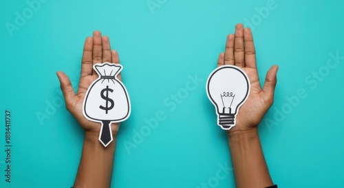 Concept of Money Versus Ideas Symbolized by Hands Holding Bag and Light Bulb