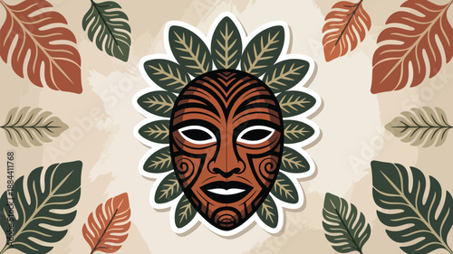 Vibrant african mask surrounded by leaves