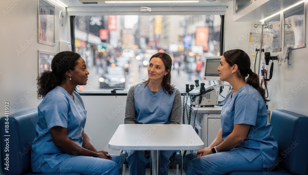 Obraz premium Medium shot of healthcare workers inside a mobile health unit offering consultations to a patient the bustling city scene visible but out of focus through the window